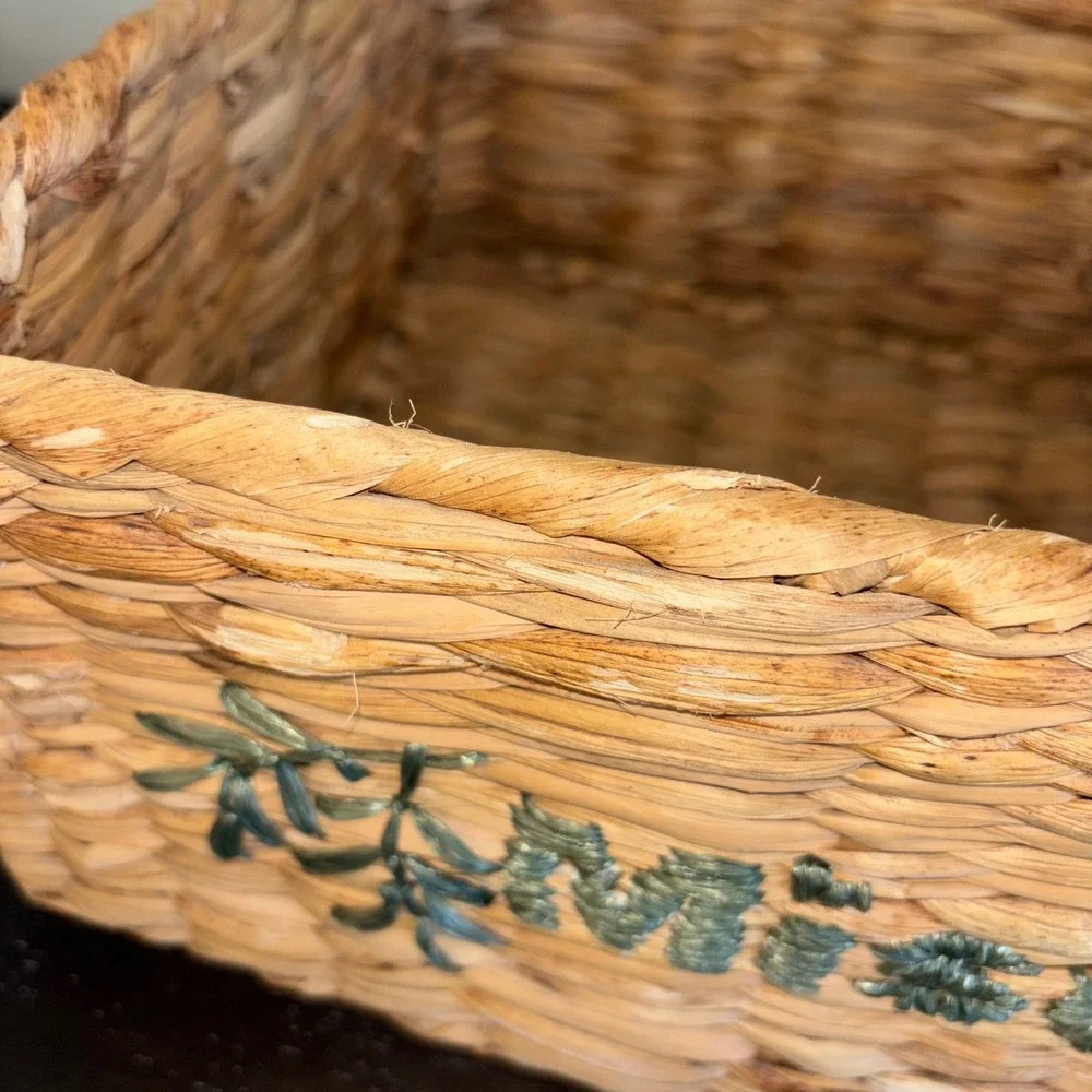 Natural Woven Storage Basket |‎ Embroidered Misc Label | Rustic Home Decor